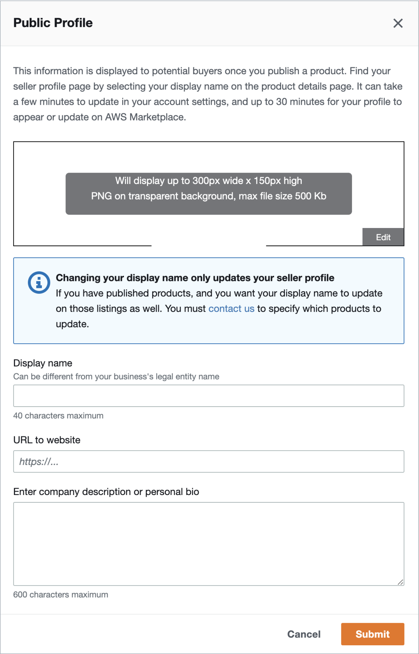 AWS Marketplace tax information step
