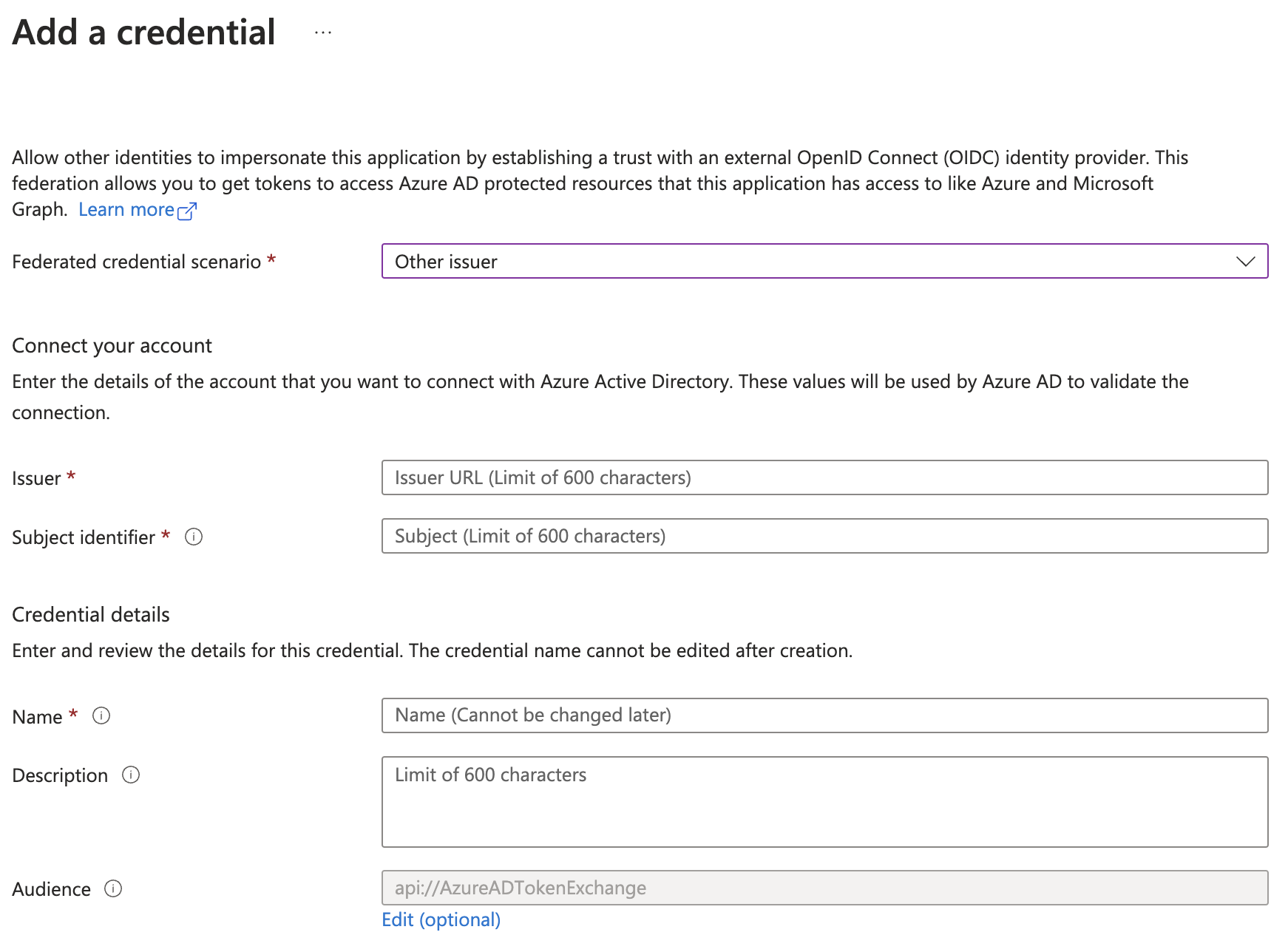 Azure app — Add a federated credential