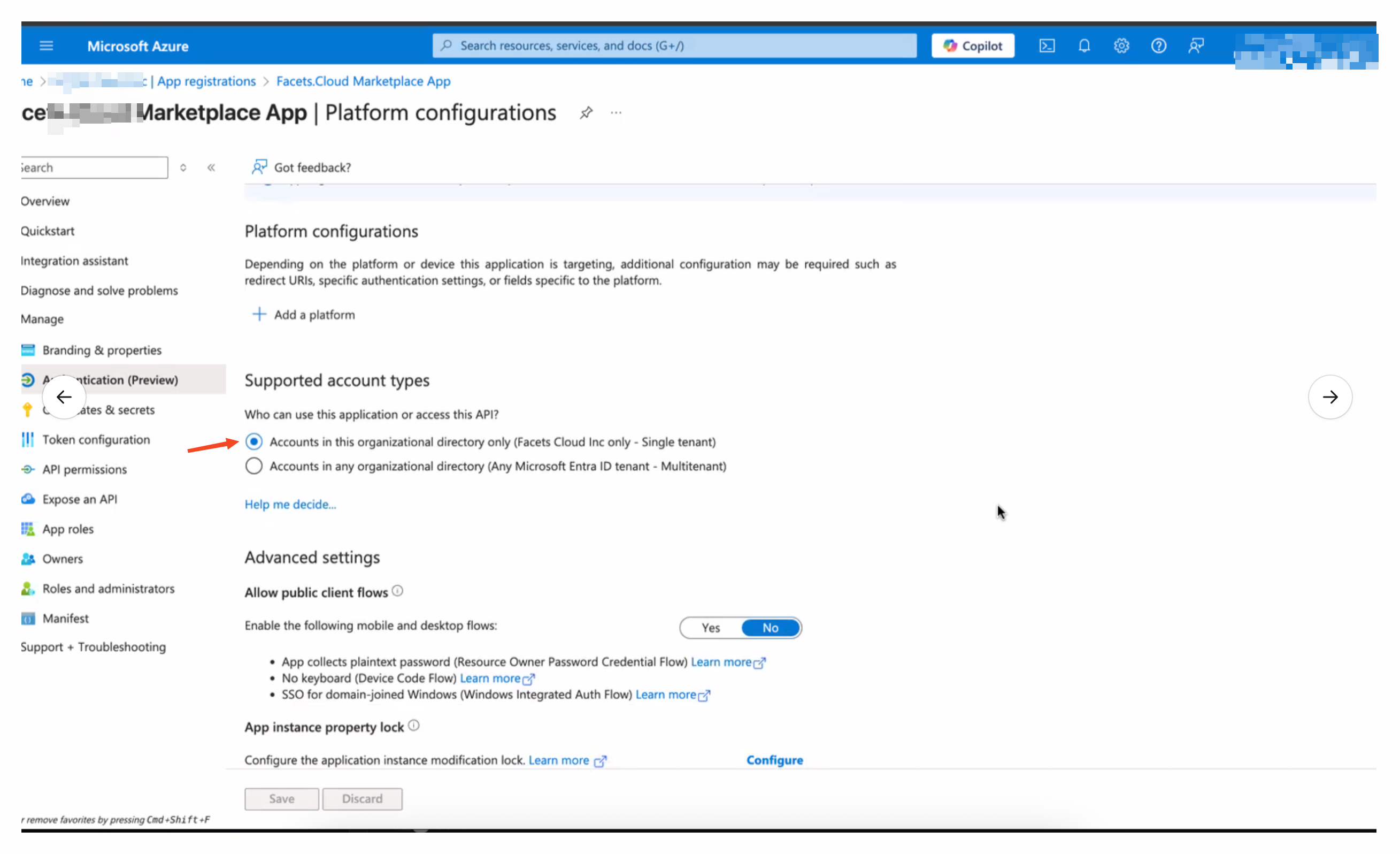 Azure app registration — supported account types