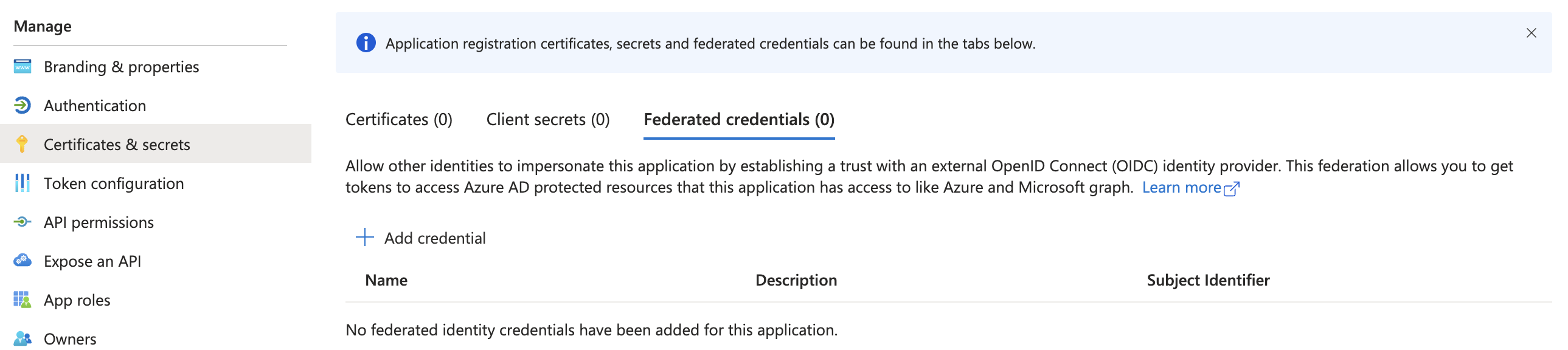 Azure app — Federated credentials tab