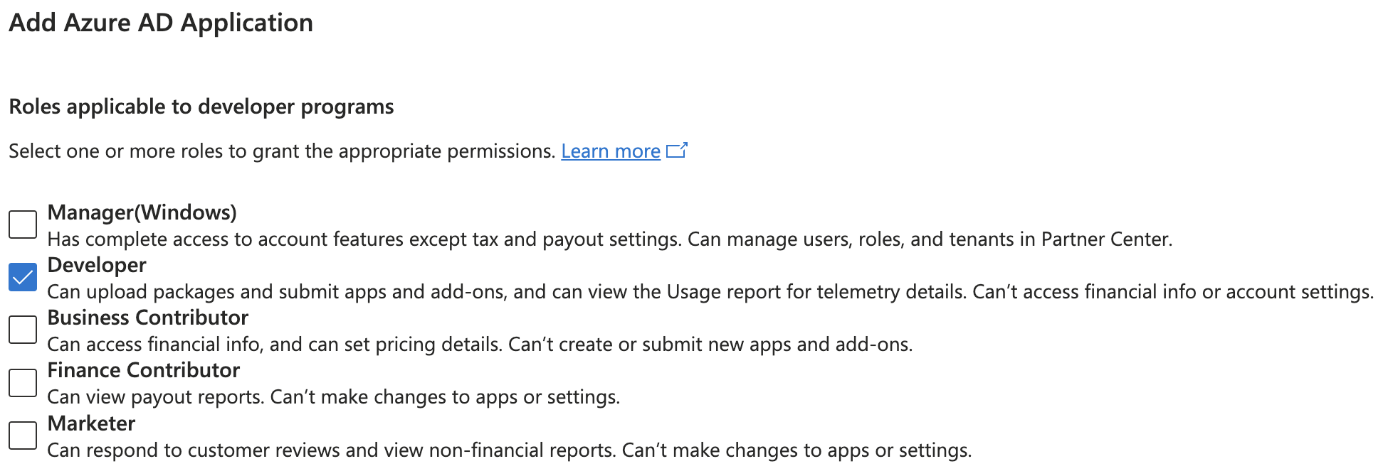 Partner Center — assign a role to the application