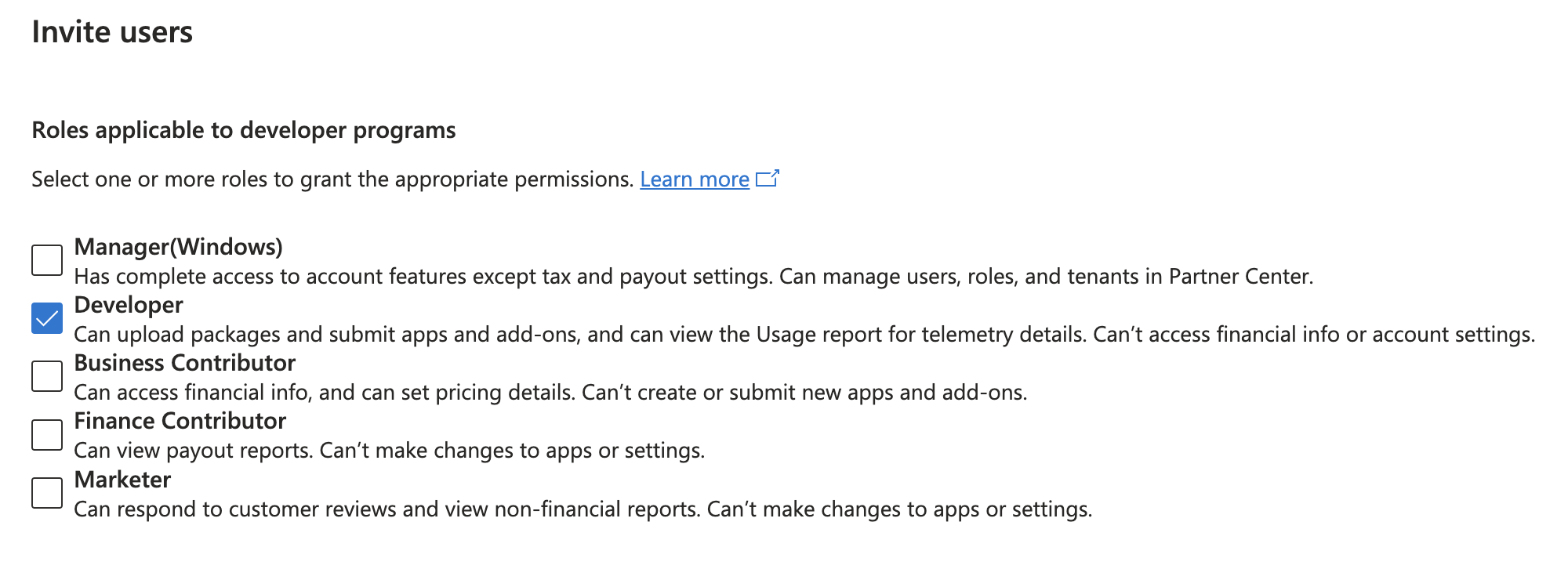 Partner Center — assign a role to the user