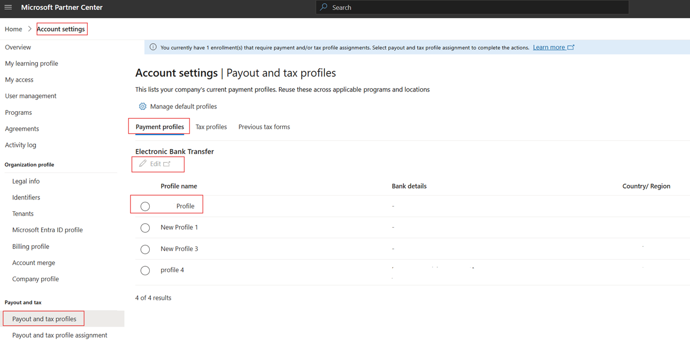 Partner Center payment profile page